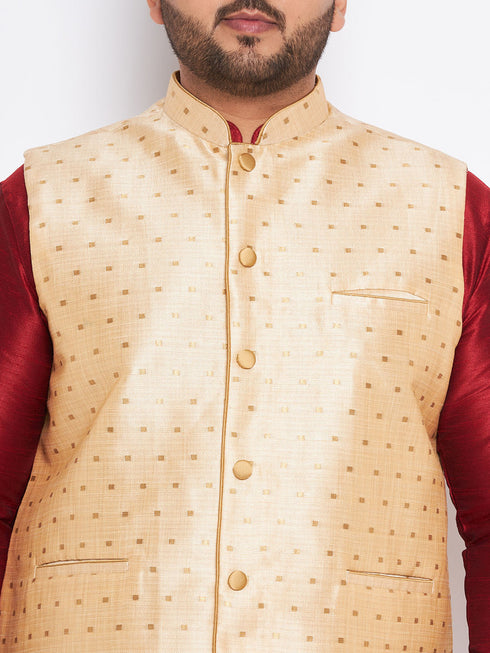 Jashvi Men's Plus Size Gold Zari Weaved Nehru Jacket With Curved Kurta Dhoti set